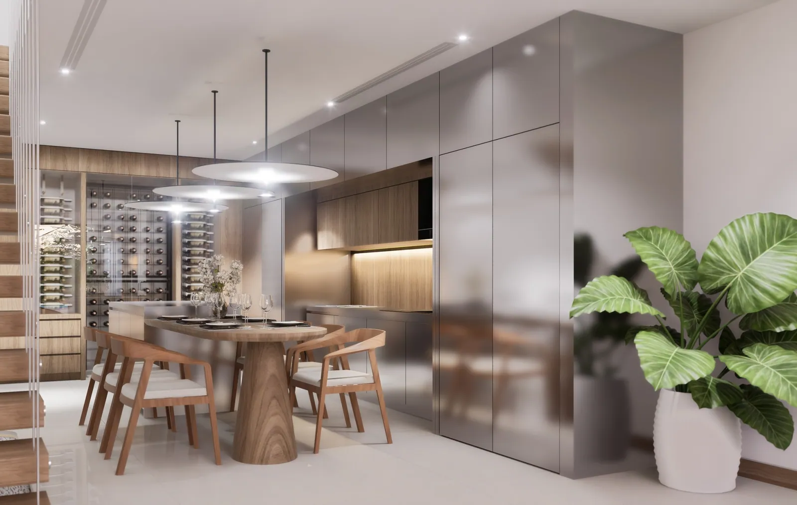 Sole Mio Residences, Phuket: duplex kitchen and dining table beneath pendant lighting (rendering)