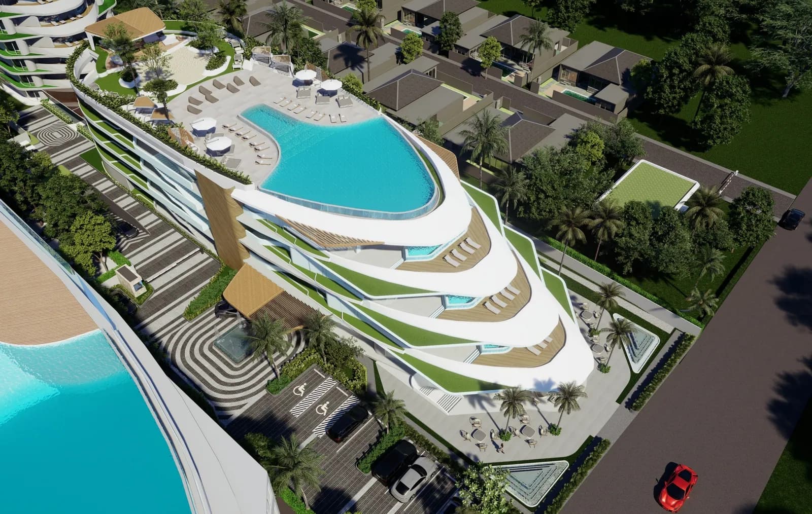Sole Mio Residences, Phuket: aerial view of the rooftop pool and curved terraces (rendering)