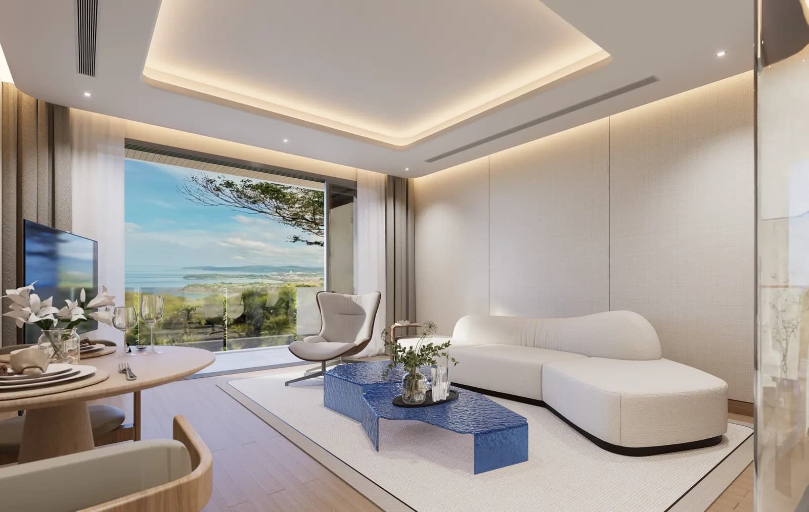 Sole Mio Residences, Phuket: suite living room with a curved sofa and coffee tables (rendering)