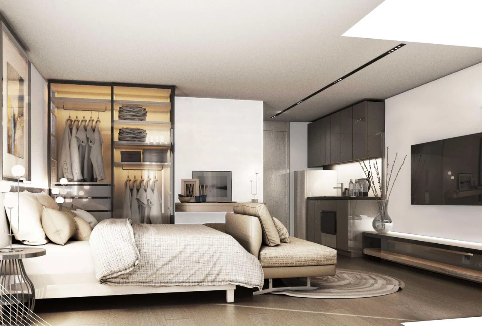 VIP Space Odyssey, Phuket: type B residence interior with a sleeping area and kitchenette (rendering)