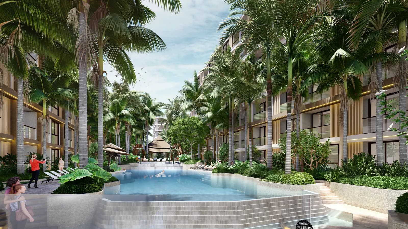 VIP Tropika, Phuket: long swimming pool between landscaped residential buildings (rendering)