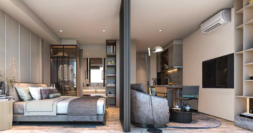 VIP Venus Karon, Phuket: type A residence living room with a sofa and shelving (rendering)