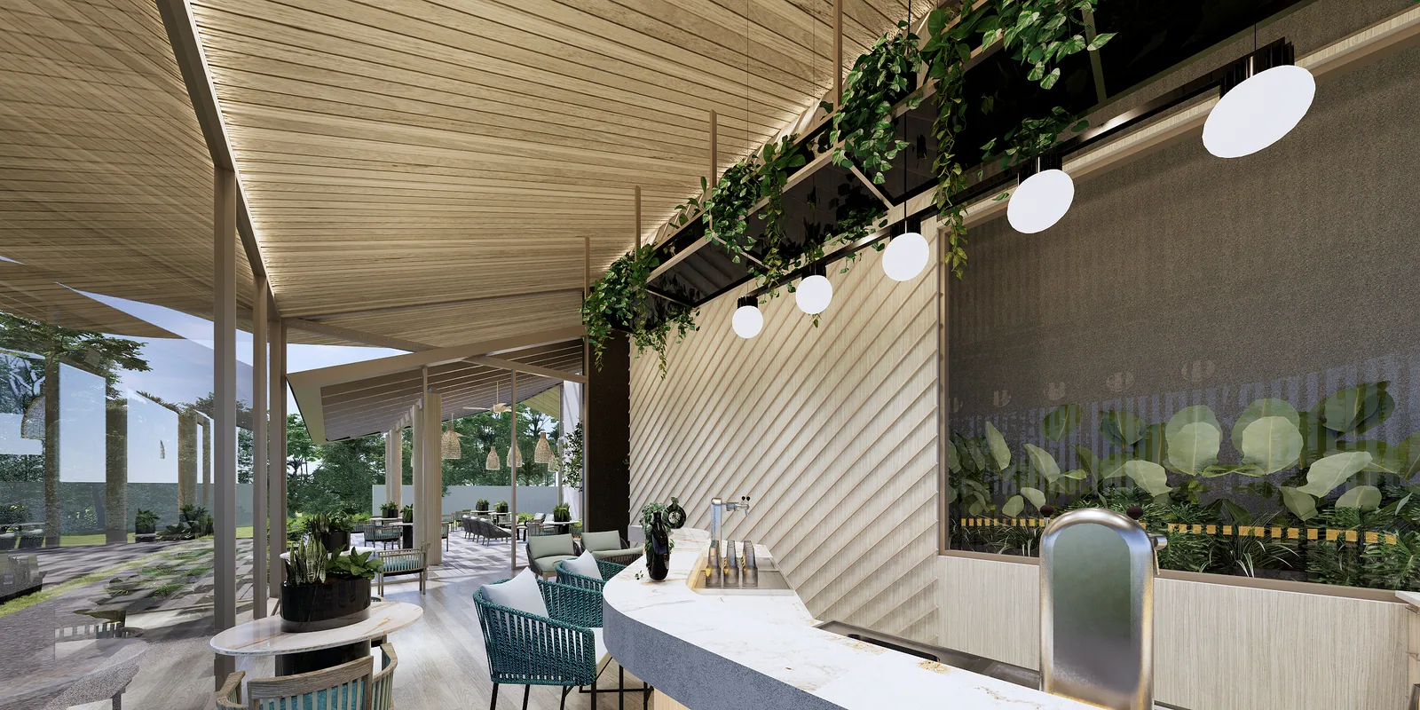 Amrits Luxury Villas, Nai Yang, Phuket: Cafétheke und Sitzplätze im Clubhaus (Visualisierung)