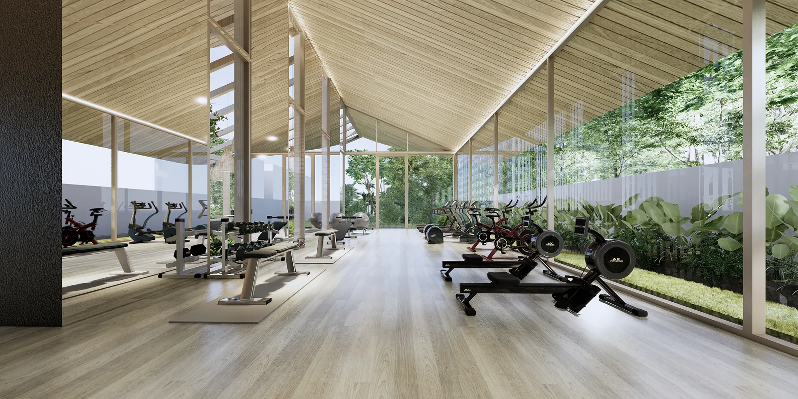 Amrits Luxury Villas, Nai Yang, Phuket: Fitnessraum im Clubhaus mit Gartenblick (Visualisierung)