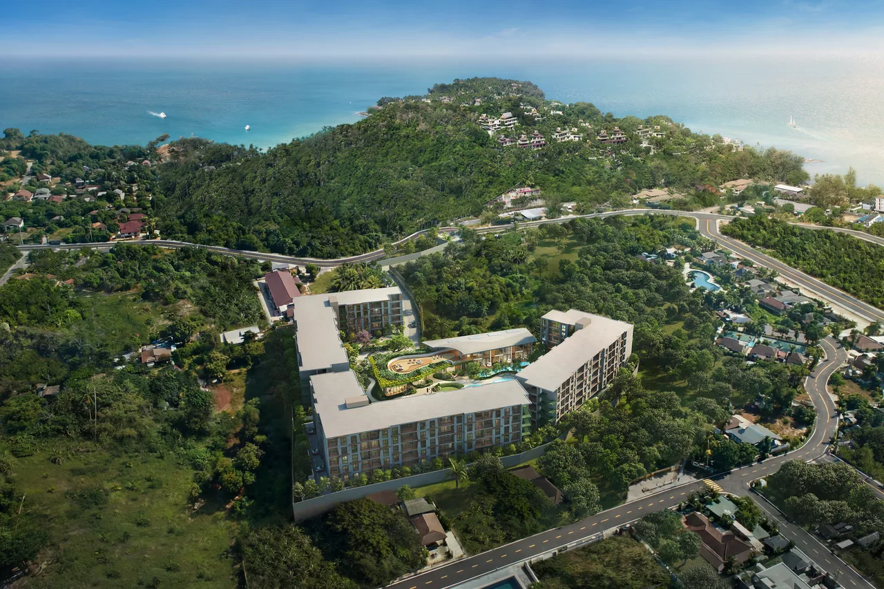 Rhea by Sansiri, Phuket: aerial project overview within the surrounding landscape (rendering)
