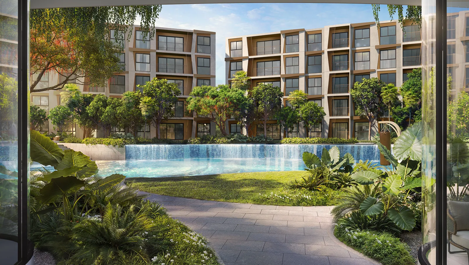 Rhea by Sansiri, Phuket: garden walkway beside the pool waterfall (rendering)