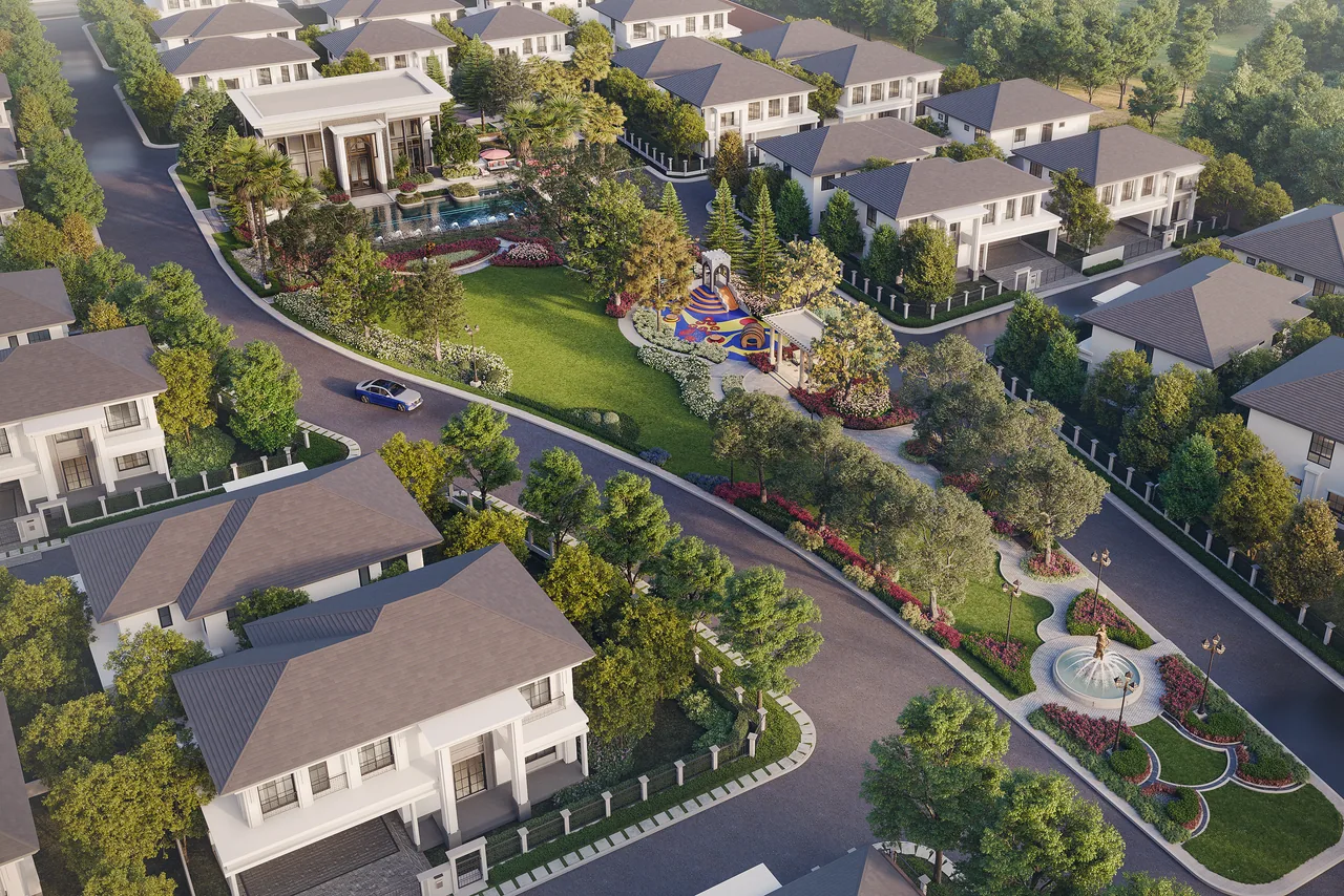 Setthasiri Koh Kaew Retreat, Phuket: aerial view of houses and the central park (rendering)