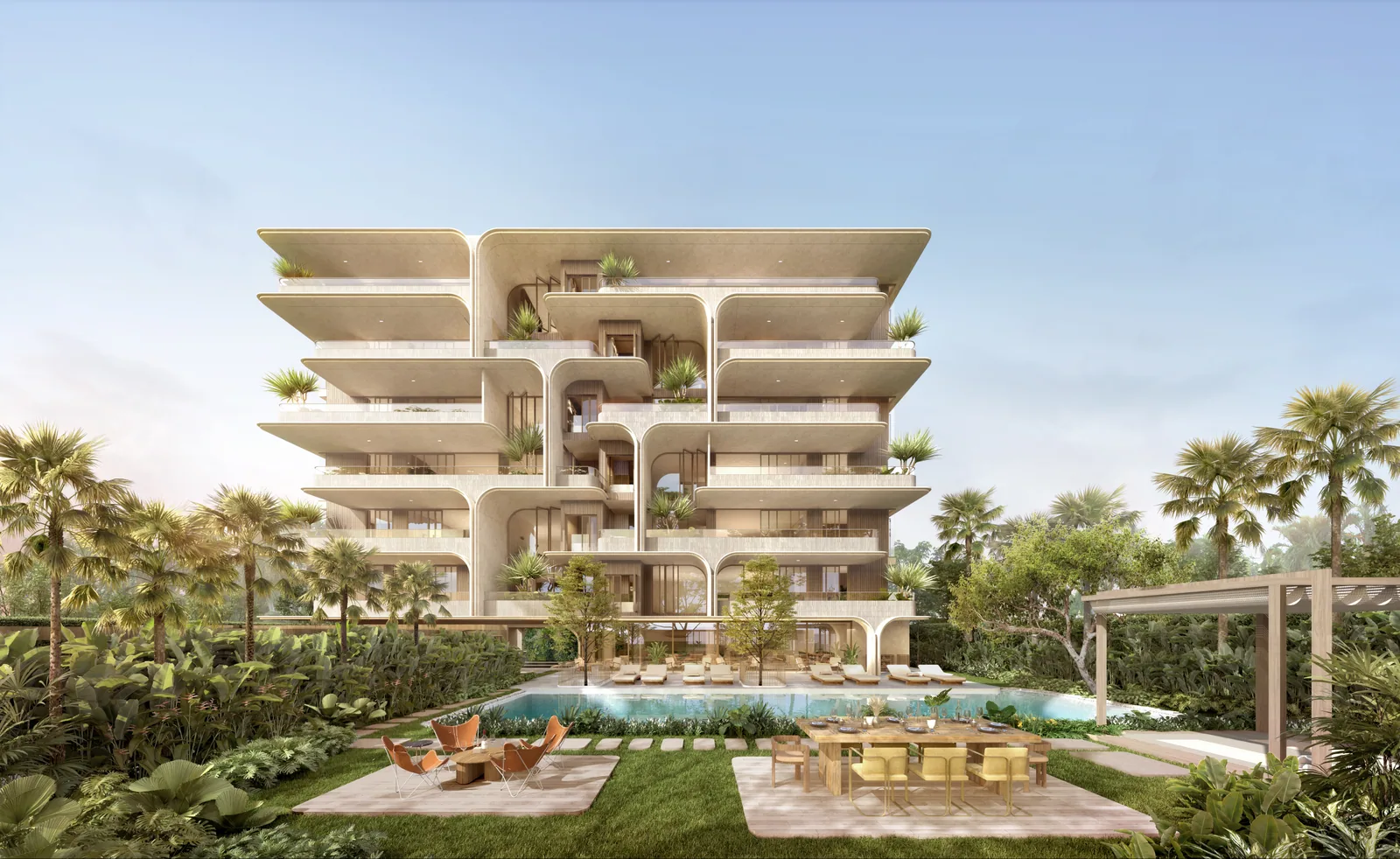 SURFHOUSE Residences, Bang Tao, Phuket: Fassade des niedrigen Gebäudes und Swimmingpool (Visualisierung)
