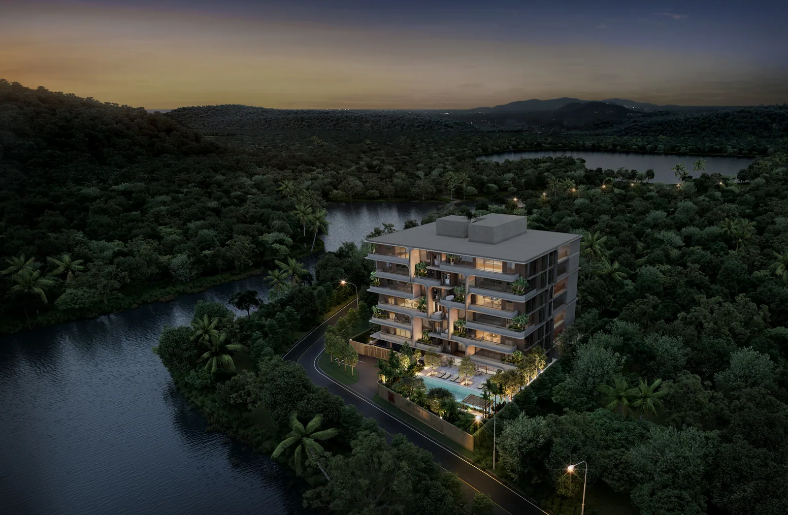 SURFHOUSE Residences, Bang Tao, Phuket: Luftansicht des Gebäudes am See mit Gartenanlage (Visualisierung)