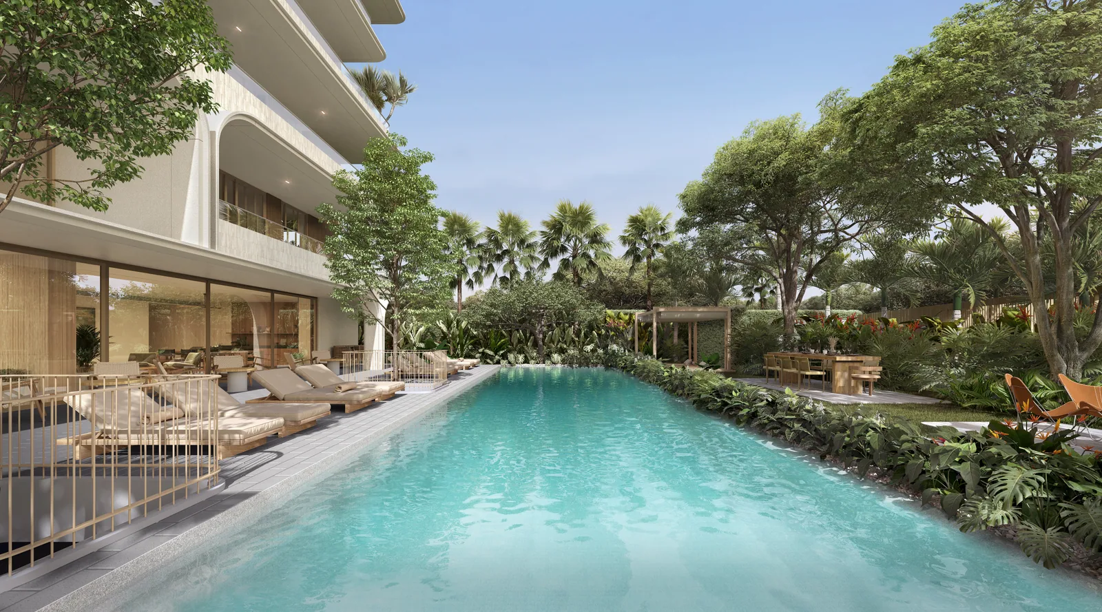 SURFHOUSE Residences, Bang Tao, Phuket: Pool entlang des Gebäudes und Garten (Visualisierung)
