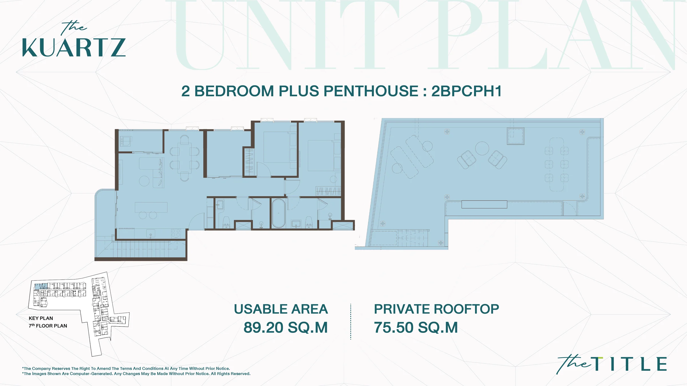 The Title Kuartz — floor plan 2BR Plus Penthouse, 89.2–97.2 m² usable + 75.5–89.9 m² private rooftop
