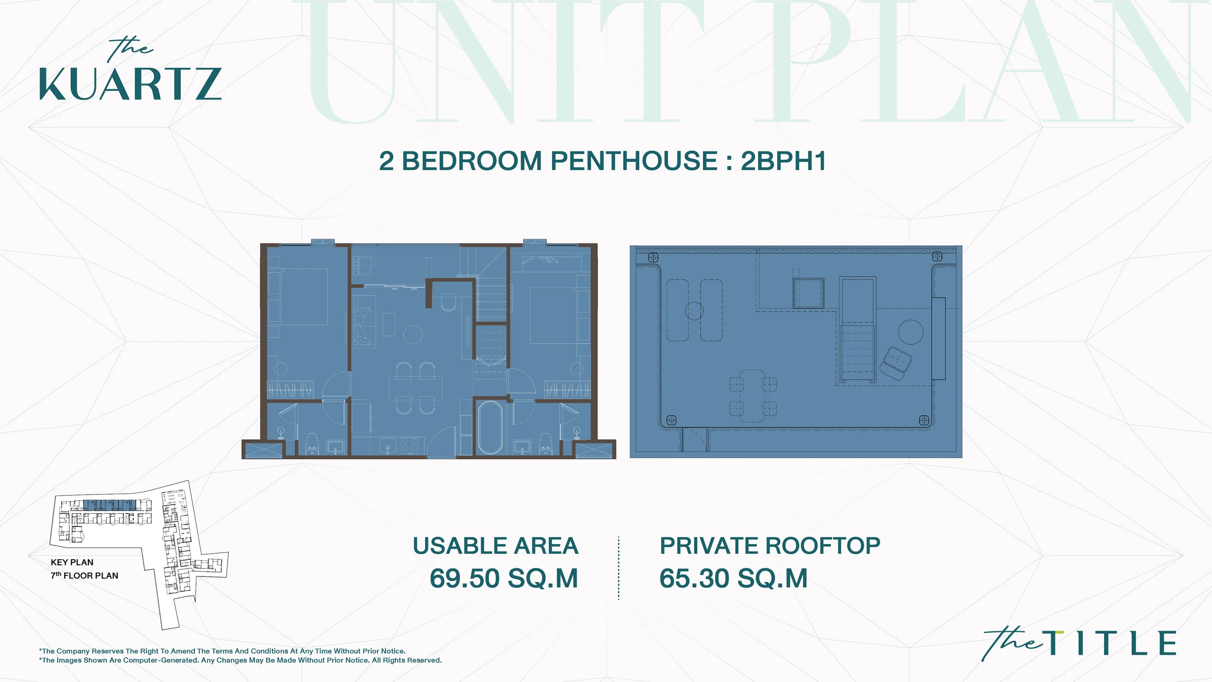The Title Kuartz — floor plan 2BR Penthouse, 69.5 m² usable + 65.3 m² private rooftop