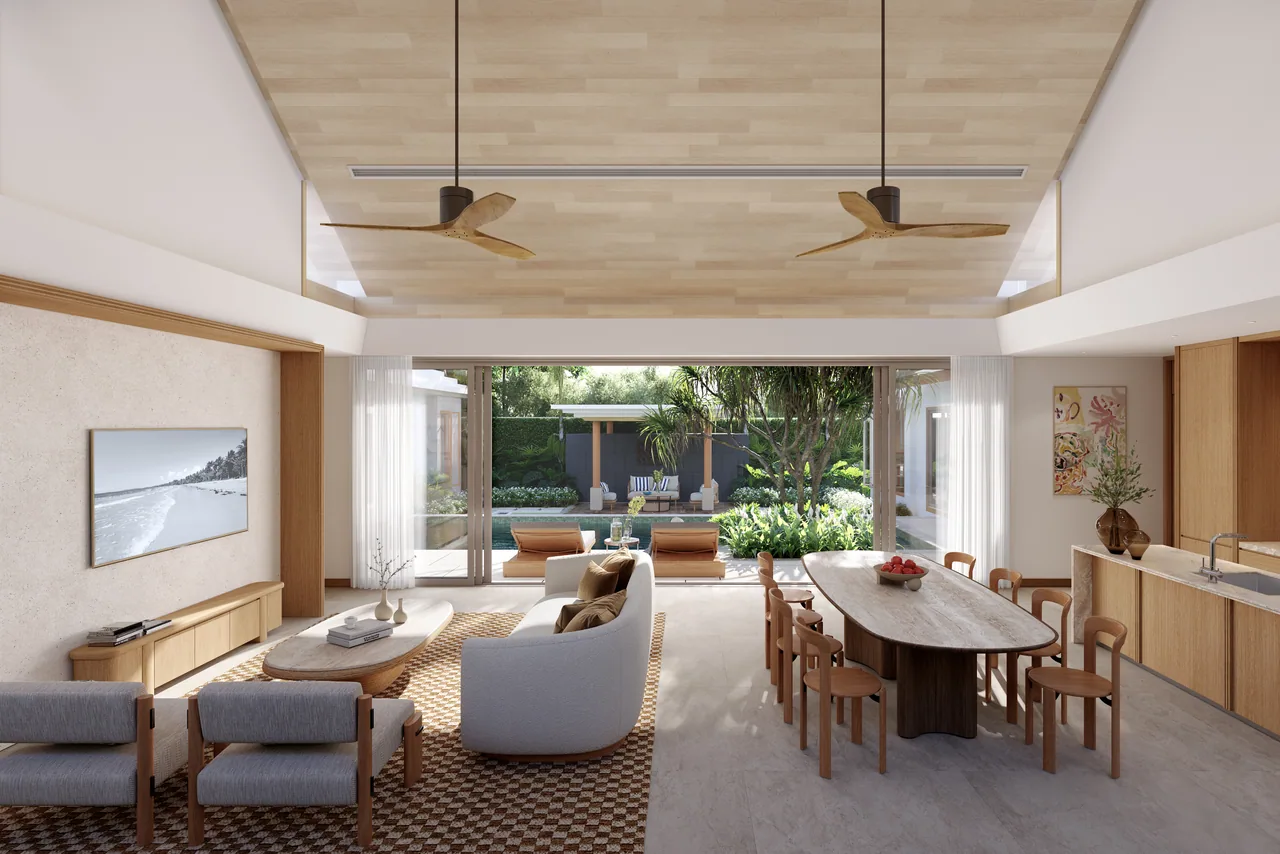 The Tales Bangjo, Phuket: villa living and dining room opening to the pool (rendering)