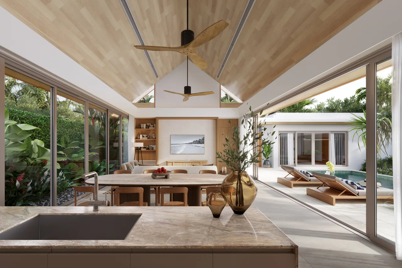The Tales Bangjo, Phuket: villa living room beneath a pitched timber ceiling (rendering)