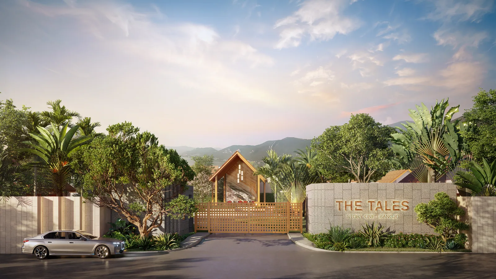 The Tales Bangjo, Phuket: entrance gate design with tropical landscaping (rendering)
