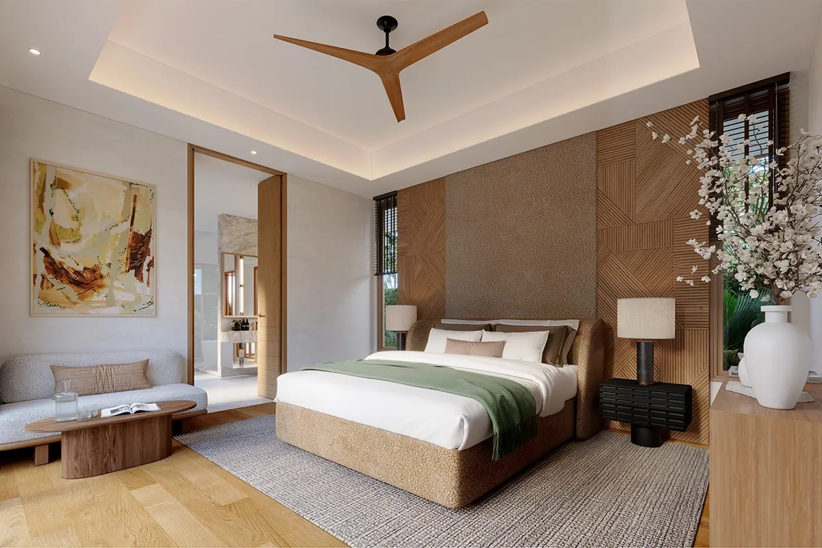 The Tales Bangjo, Phuket: villa bedroom with timber details and a ceiling fan (rendering)