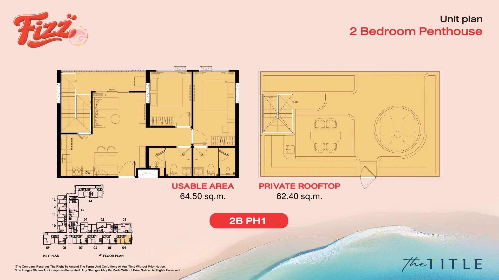 The Title Fizz Kata — floor plan 2BR Penthouse, 64–77 m² usable + private rooftop
