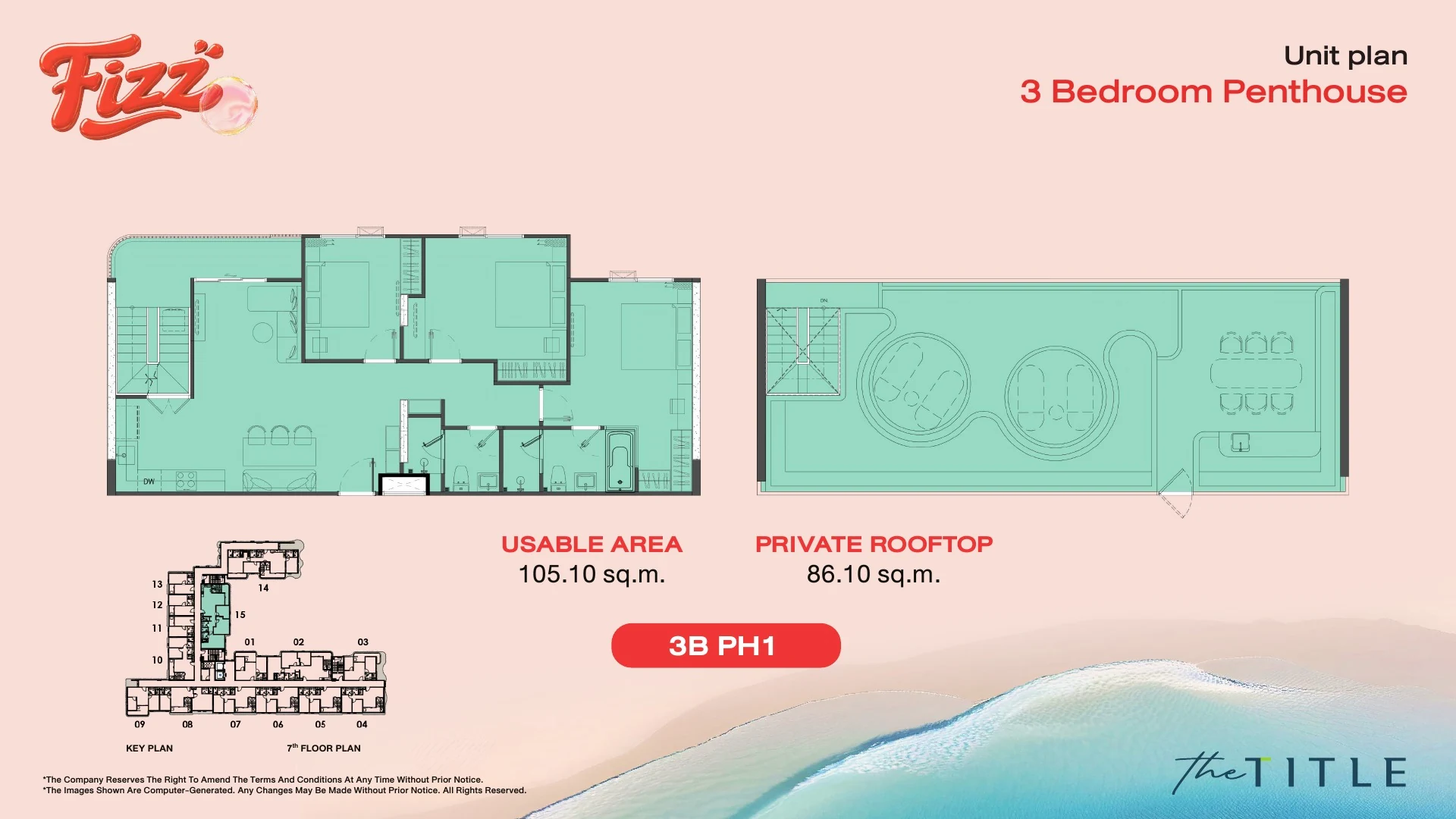The Title Fizz Kata — floor plan 3BR Penthouse, 105–110 m² usable + private rooftop