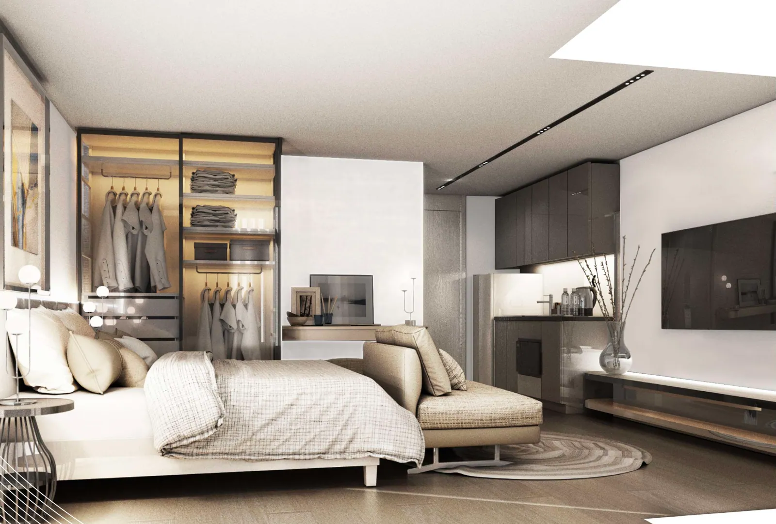 VIP Space Odyssey, Phuket: type B residence interior with a sleeping area and kitchenette (rendering)